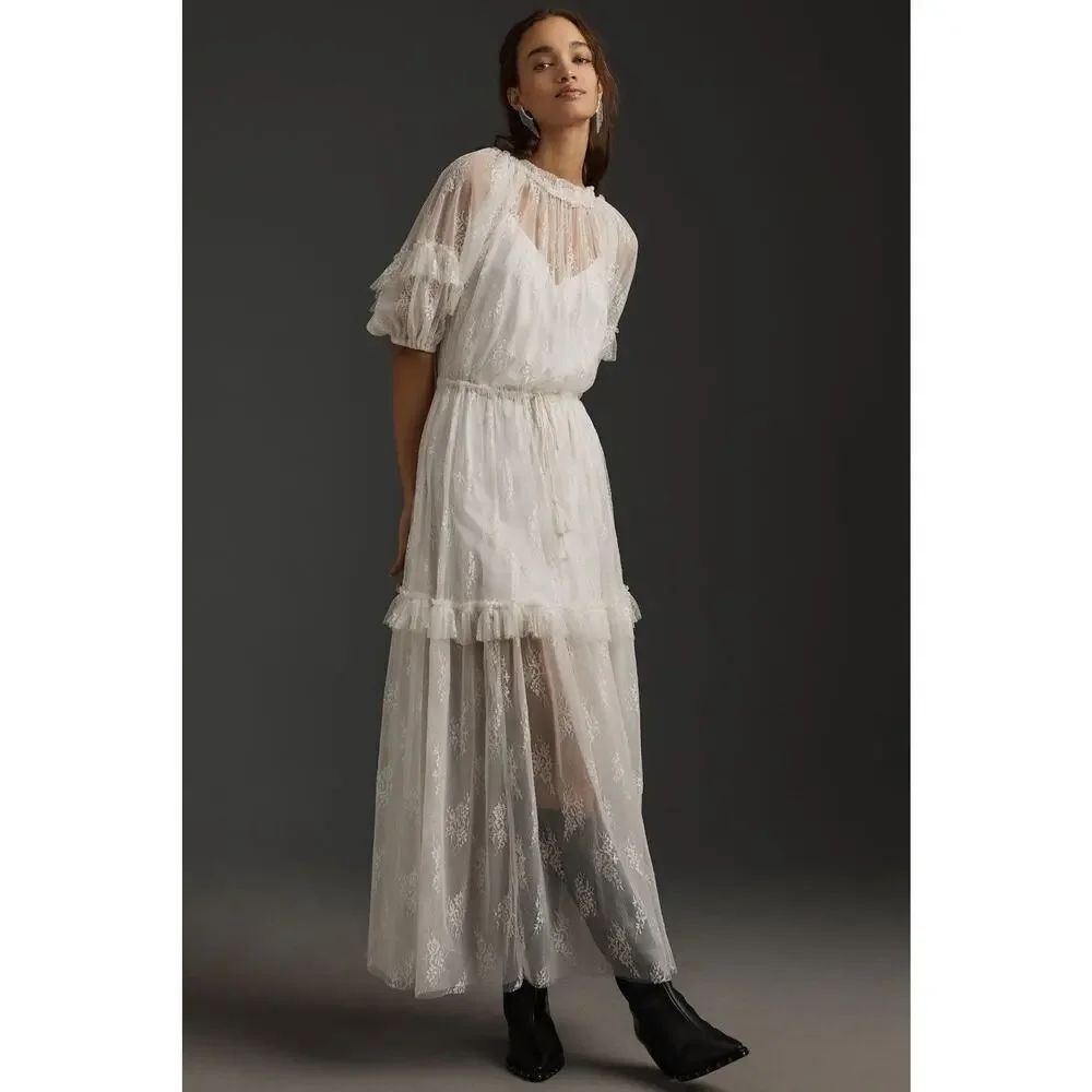 Anthropologie Let Me Be White Lace Maxi Dress Medium NWT Romantic Boho Bridal